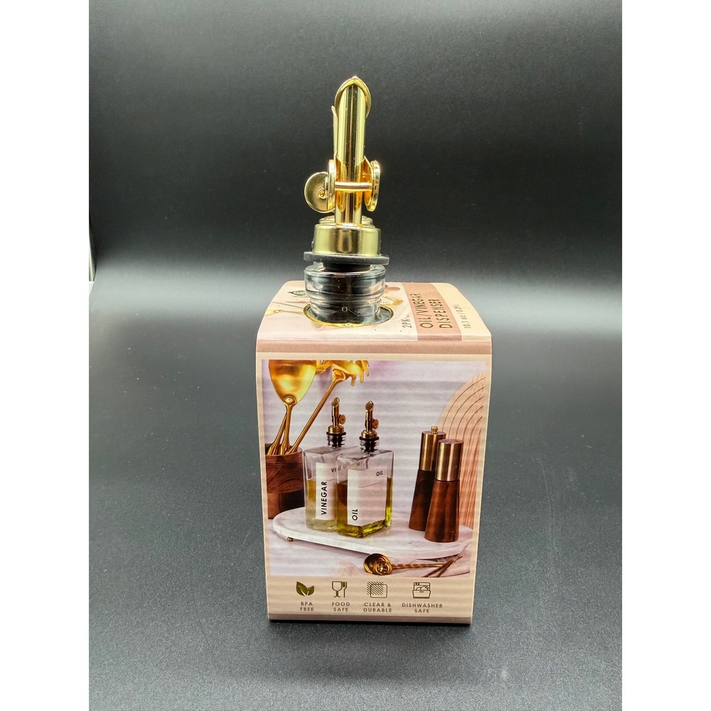 2 Pack Glass Oil and Vinegar Dispenser Set Gold Weighted Pourers 10.1oz Clear